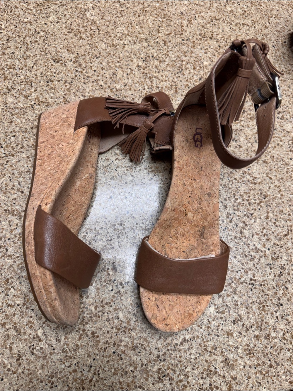 UGG Zoe II Brown Leather Tassel Ankle-Strap Cork Wedges
